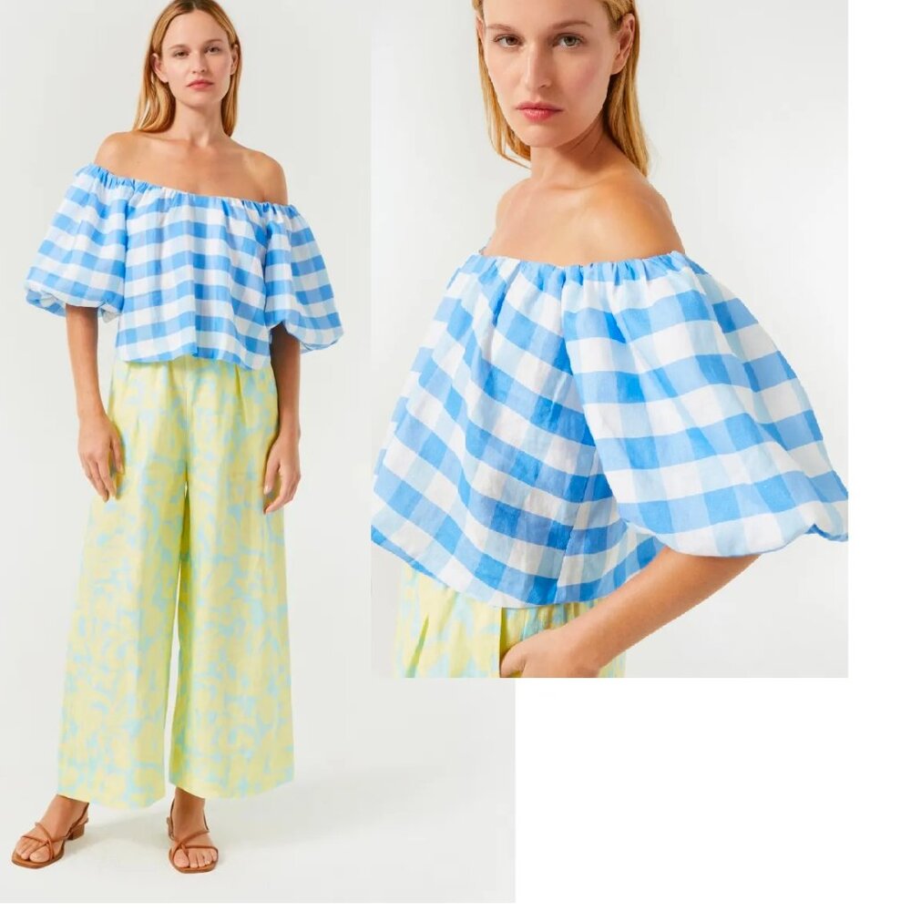 NEW RHODE SIMA BLUE AND WHITE GINGHAM LINEN TOP SIZE XS